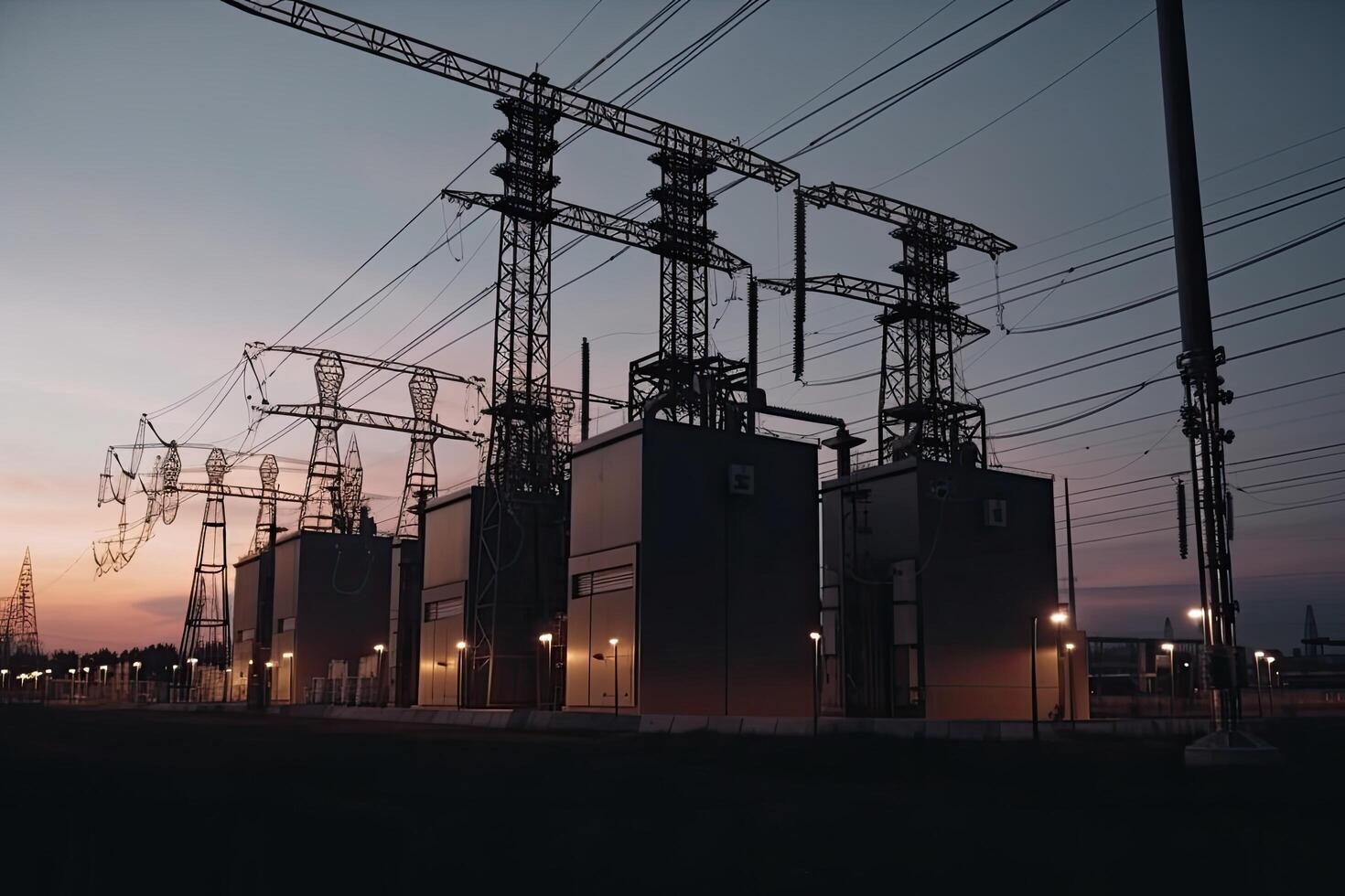 industriale paesaggio con alto voltaggio energia Linee a tramonto. elettrico sottostazione con energia Linee e trasformatore, ai generato foto