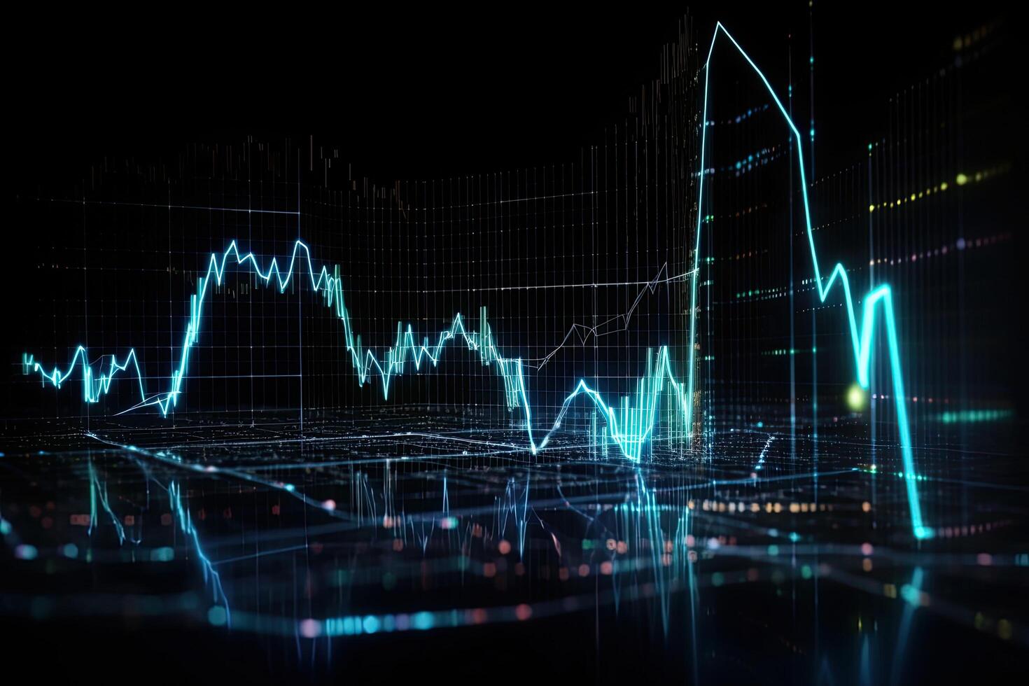 3d interpretazione di azione mercato finanziario grafico su digitale schermo. attività commerciale e finanza concetto. finanziario grafici raggiante Linee e diagrammi su digitale schermo, ai generato foto