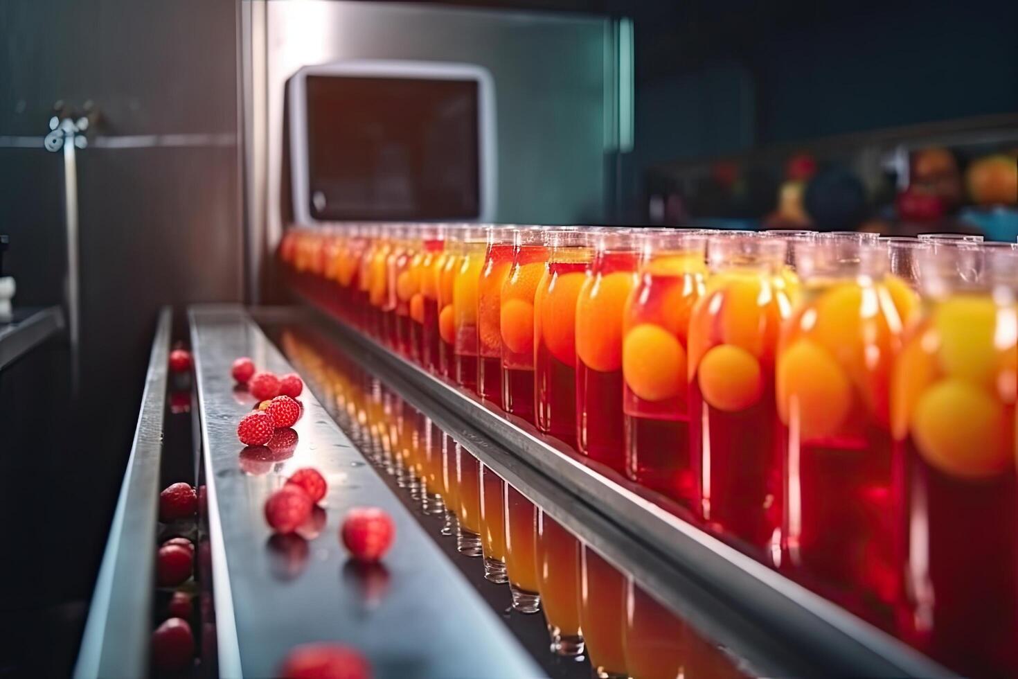 frutta succo nel un' plastica bottiglie su il trasportatore cintura. frutta succo fabbrica produzione linea con bevanda, ai generato foto