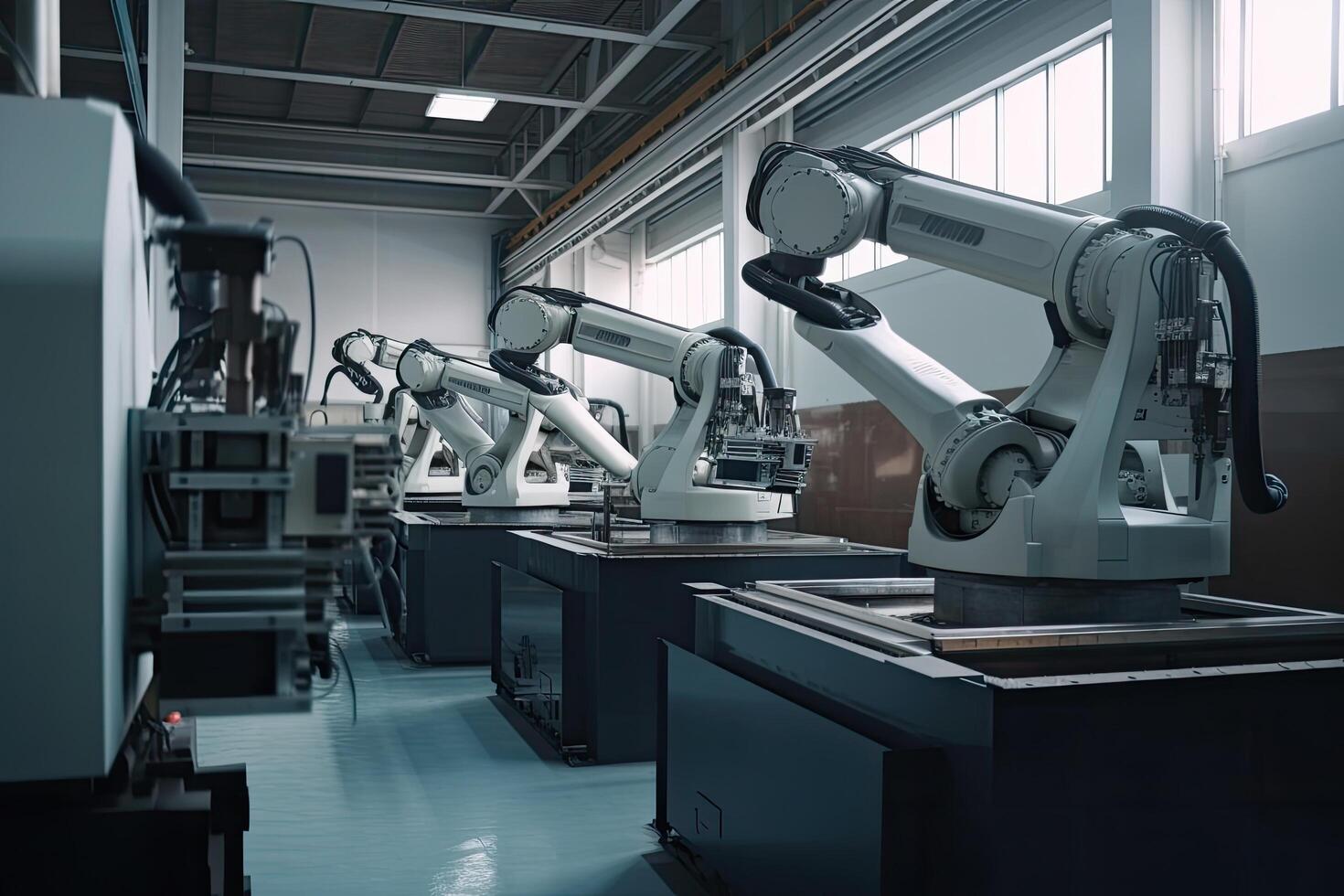 il industriale robot montaggio linea nel un' fabbrica. inteligente industria concetto, meccanico robotica braccia Lavorando nel fabbrica, ai generato foto