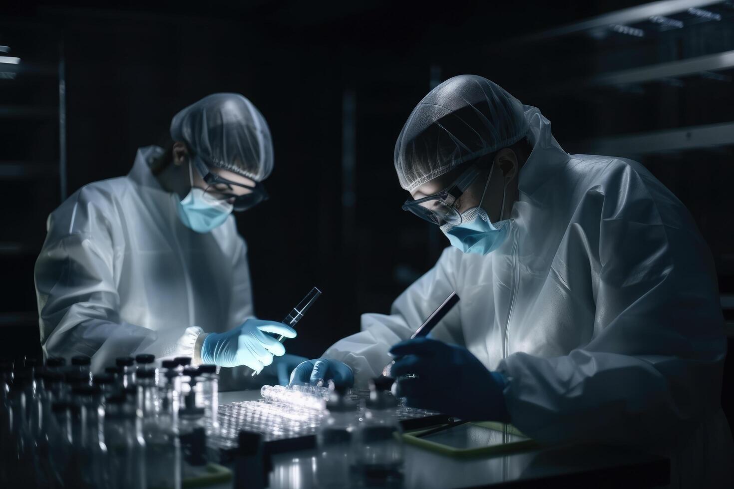 scienziato Lavorando con test tubi nel il laboratorio, medico scienziati esaminare medico campioni nel un' laboratorio, ai generato foto