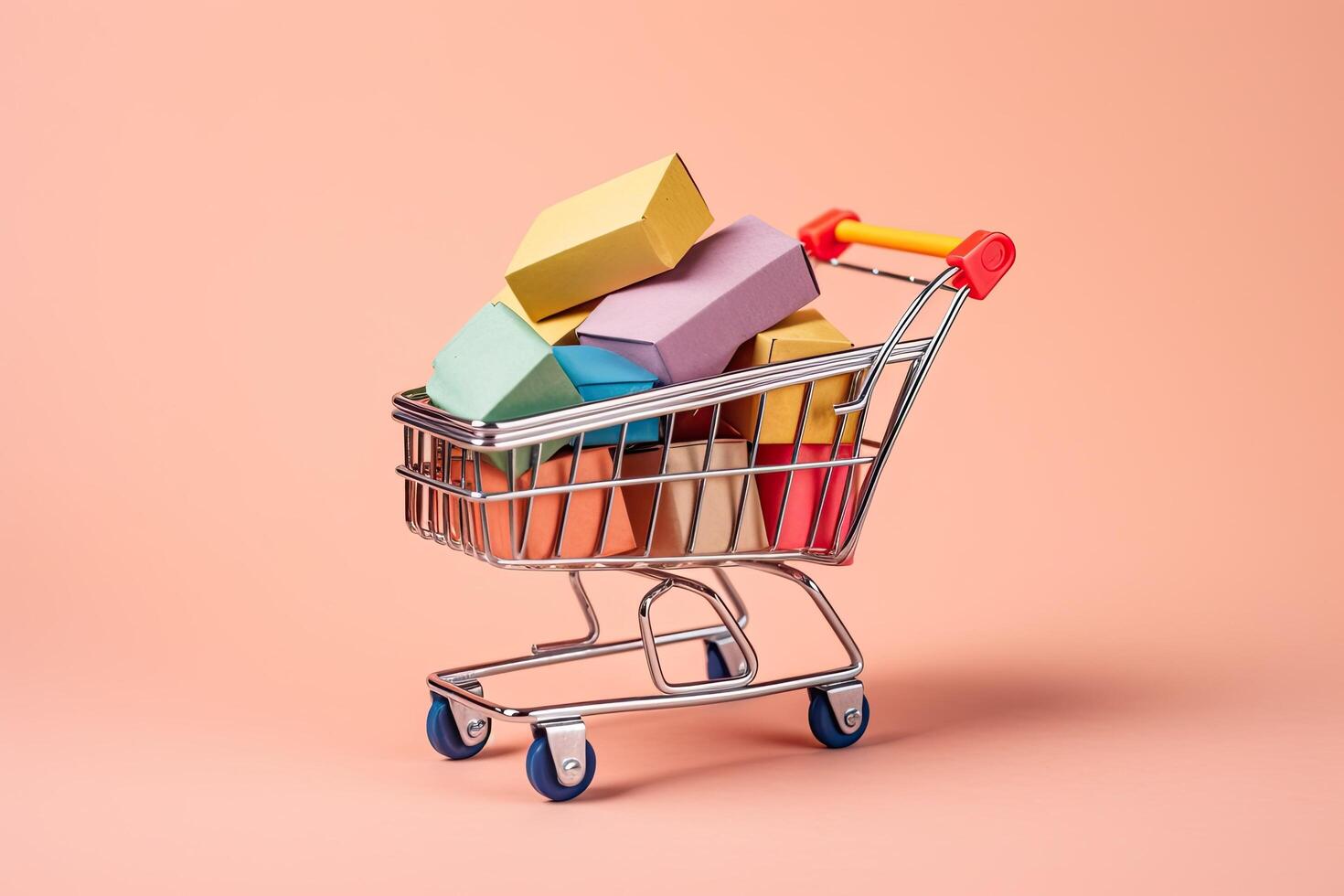 shopping carrello pieno di colorato regalo scatole su pastello rosa sfondo, mini shopping carrello con shopping borse e scatole, ai generato foto