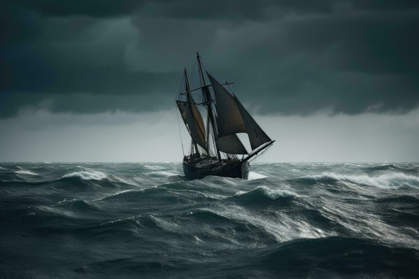 Vintage ▾ barca a vela nel tempestoso mare. drammatico cielo. vecchio barca a vela catturato nel un' grande tempesta a mare, ai generato foto