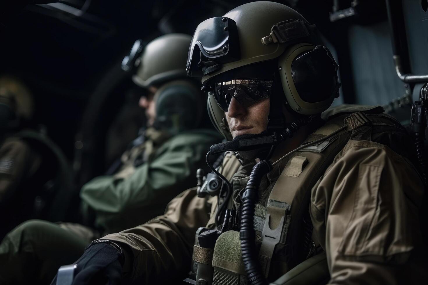 ritratto di un' speciale forze soldato nel militare uniforme seduta nel il pozzetto, parà commando militare soldati siamo in attesa nel il aereo, ai generato foto