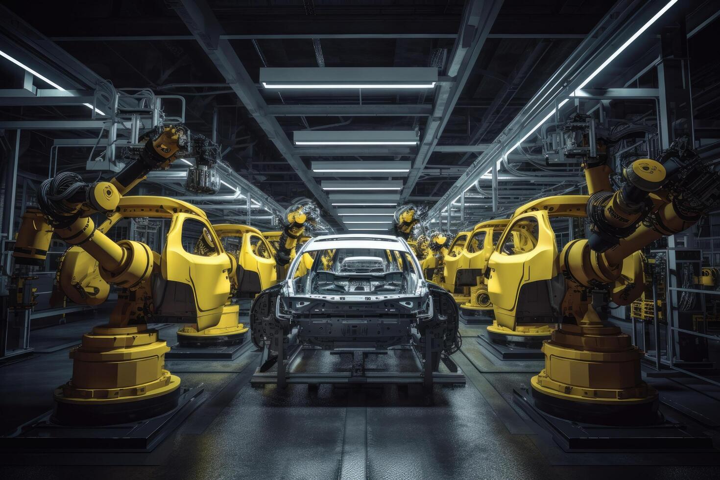 produzione linea di il fabbrica per il produzione di automobile macchine, robotica braccia produzione macchine nel un' auto fabbrica, ai generato foto