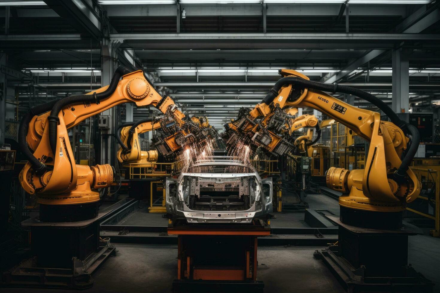 inteligente industria robot braccia per digitale fabbrica produzione linea. concetto di artificiale intelligenza per il industriale rivoluzione. robotica braccia produzione macchine nel un' auto fabbrica, ai generato foto