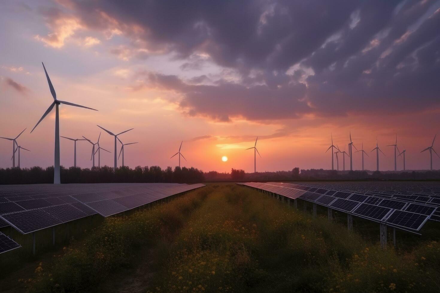 solare pannelli e vento turbine a tramonto, alternativa elettricità fonte nel Cina, solare pannelli e vento turbine campo con un' Bellissima, ai generato foto