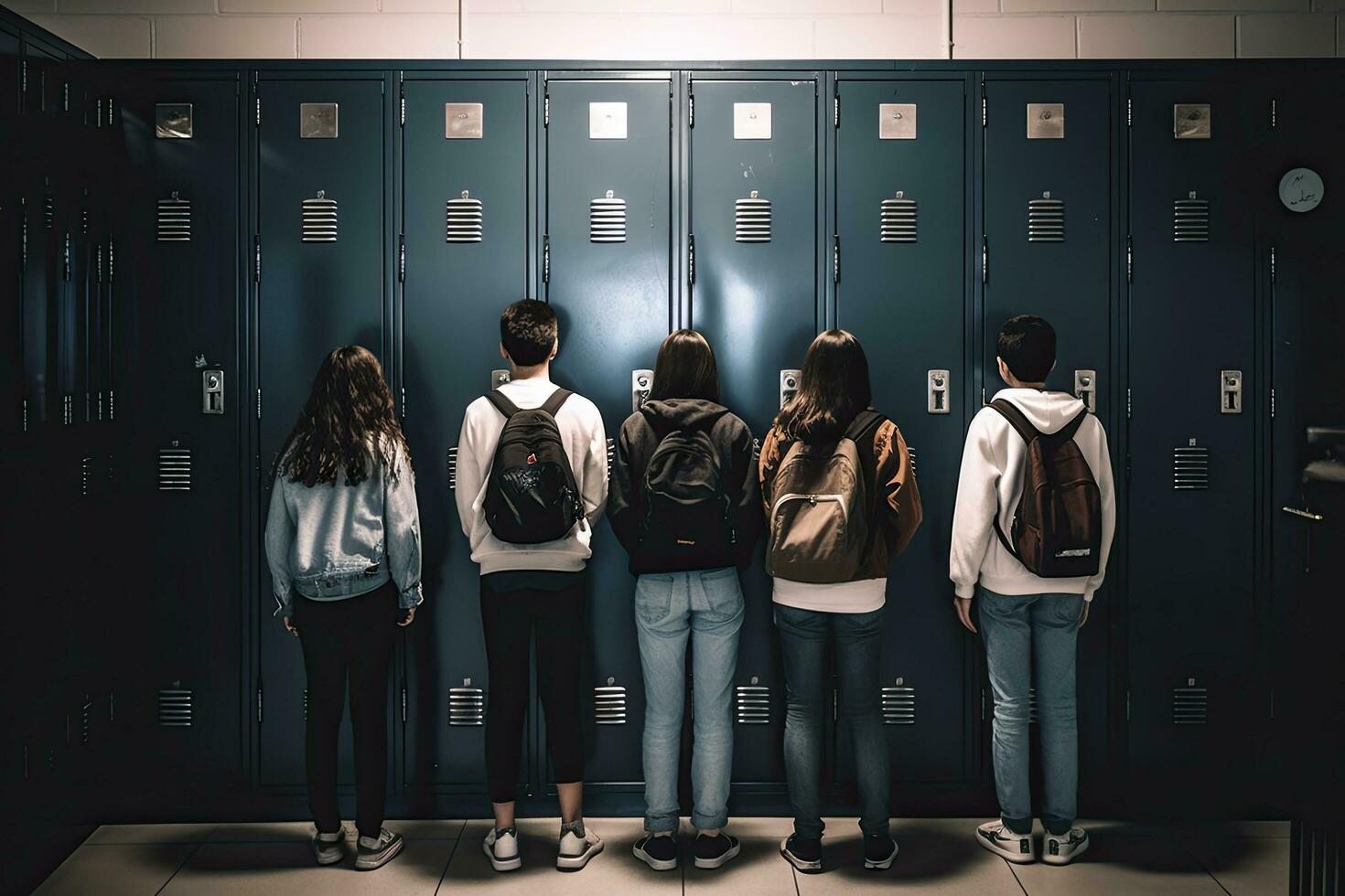 indietro Visualizza di scolari in piedi nel armadietto camera con zaini e zaini, adolescenziale scuola bambini in piedi nel davanti di armadietto, ai generato foto