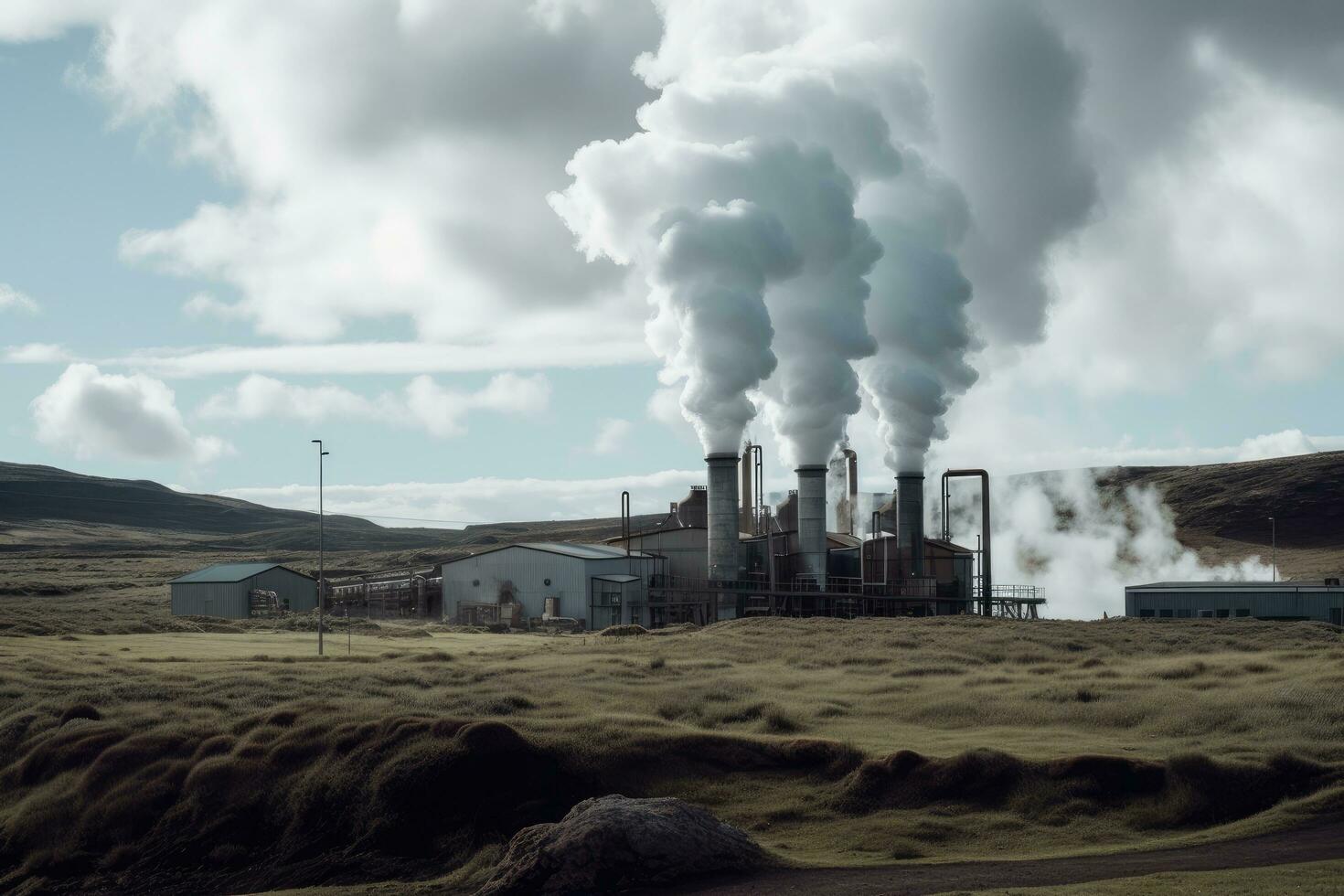 industriale paesaggio con camini di un' energia pianta nel Islanda. il geotermico energia fabbricazione industria produrre, ai generato foto