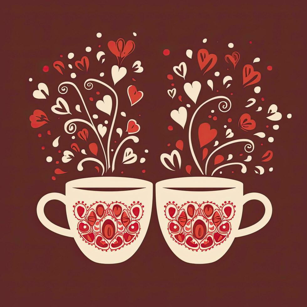 San Valentino giorno saluto carta con tazza di caffè e cuori, caffè san valentino giorno clipart, ai generato foto