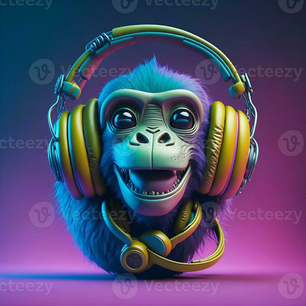 3d illustrazione di un' scimmia indossare cuffie per icona o logo foto
