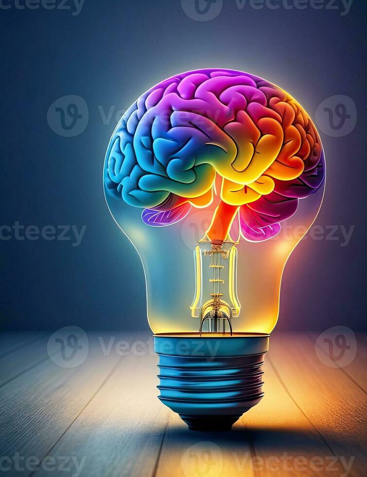 idee concetto, cervello dentro il leggero lampadina su colorato sfondo foto