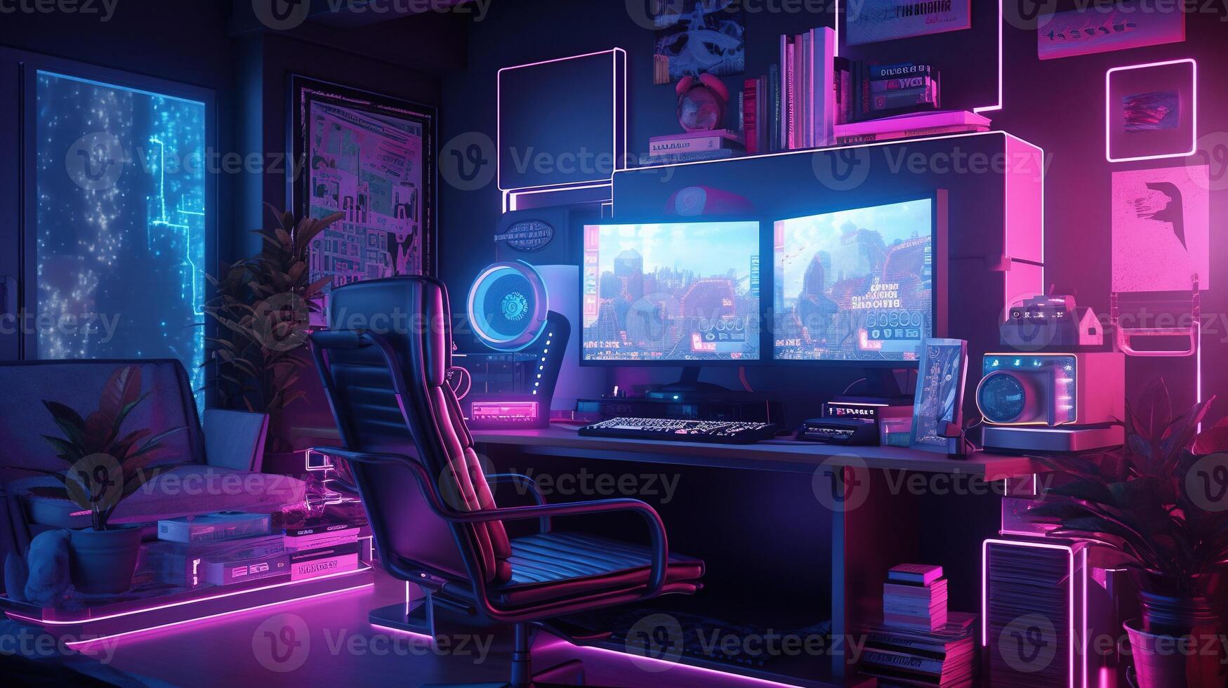 generativo ai, computer su il tavolo nel cyberpunk stile, nostalgico anni 80, anni 90. neon notte luci vivace colori, fotorealistico orizzontale illustrazione di il futuristico interno. tecnologia concetto. foto