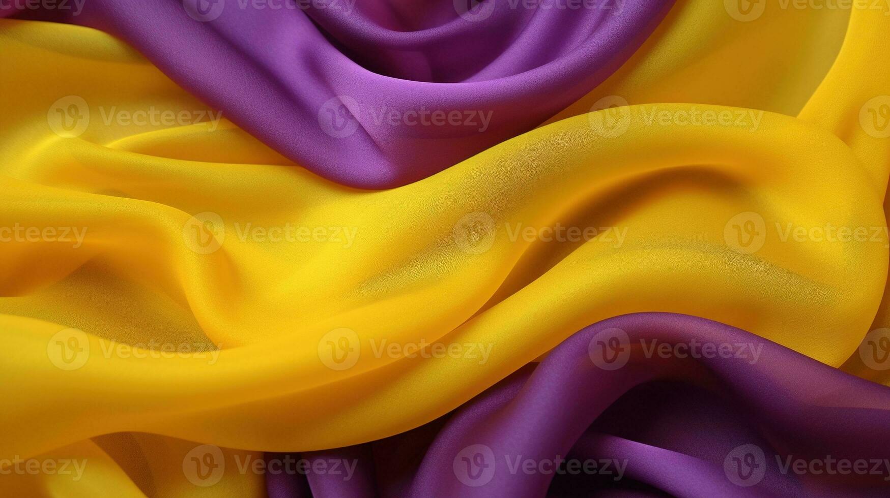 generativo ai, fluente chiffon tessuto struttura nel viola viola e giallo colore. lucido primavera striscione, Materiale 3d effetto, moderno macro fotorealistico astratto sfondo illustrazione. foto