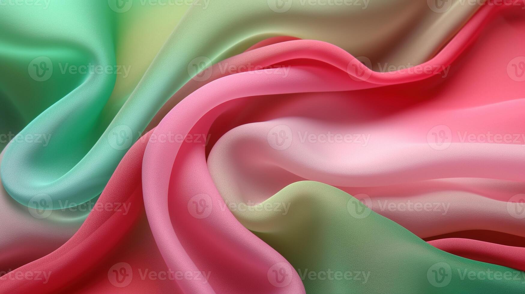 generativo ai, fluente chiffon tessuto struttura nel leggero rosa e verde colore. lucido primavera striscione, Materiale 3d effetto, moderno macro fotorealistico astratto sfondo illustrazione foto