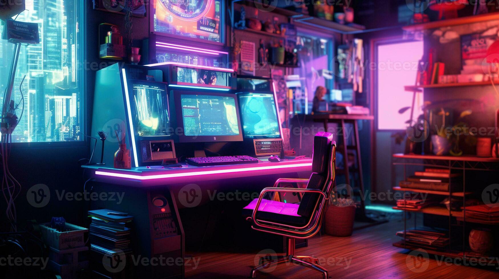 generativo ai, computer su il tavolo nel cyberpunk stile, nostalgico anni 80, anni 90. neon notte luci vivace colori, fotorealistico orizzontale illustrazione di il futuristico interno. tecnologia concetto. foto