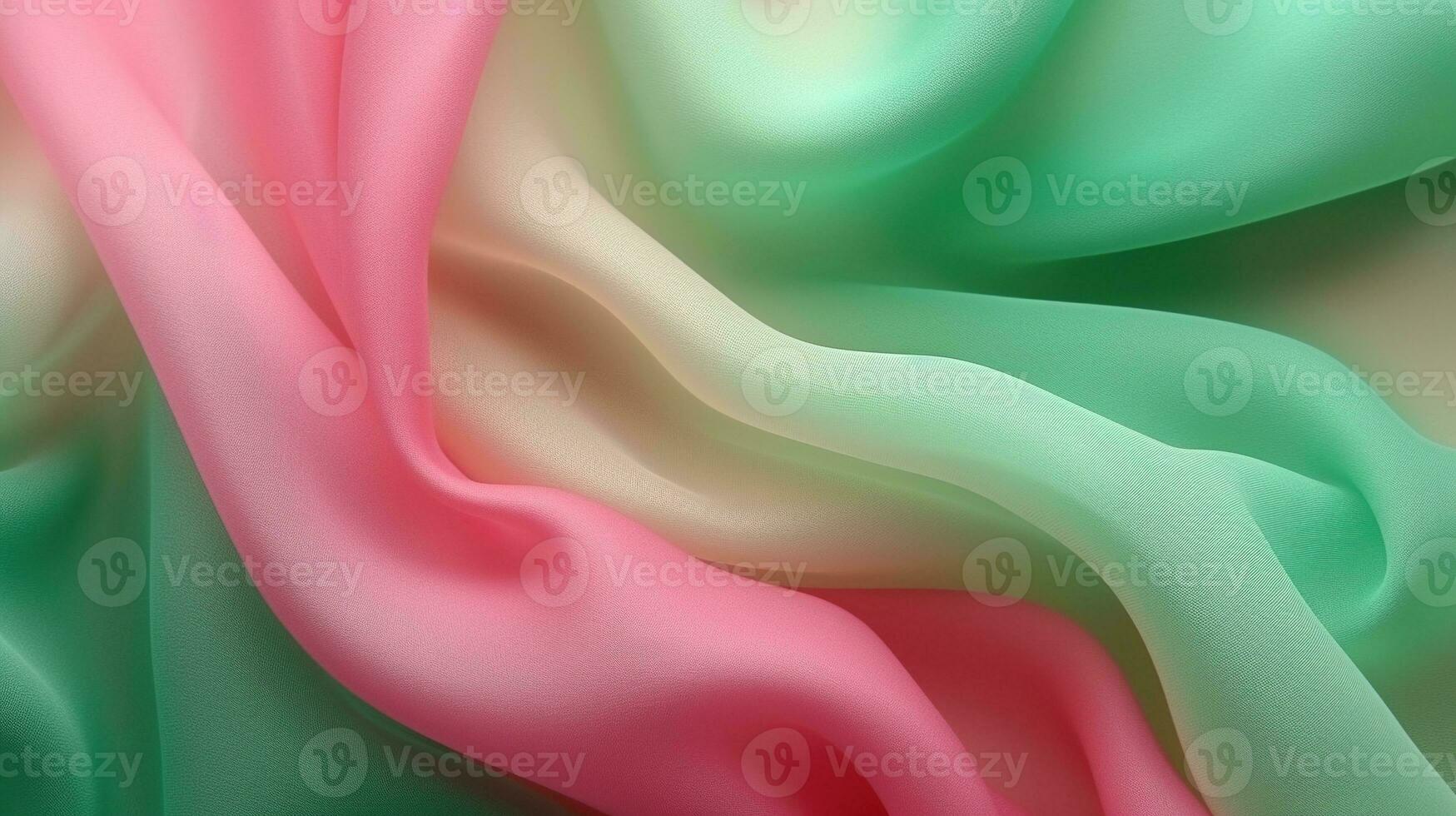 generativo ai, fluente chiffon tessuto struttura nel leggero rosa e verde colore. lucido primavera striscione, Materiale 3d effetto, moderno macro fotorealistico astratto sfondo illustrazione foto