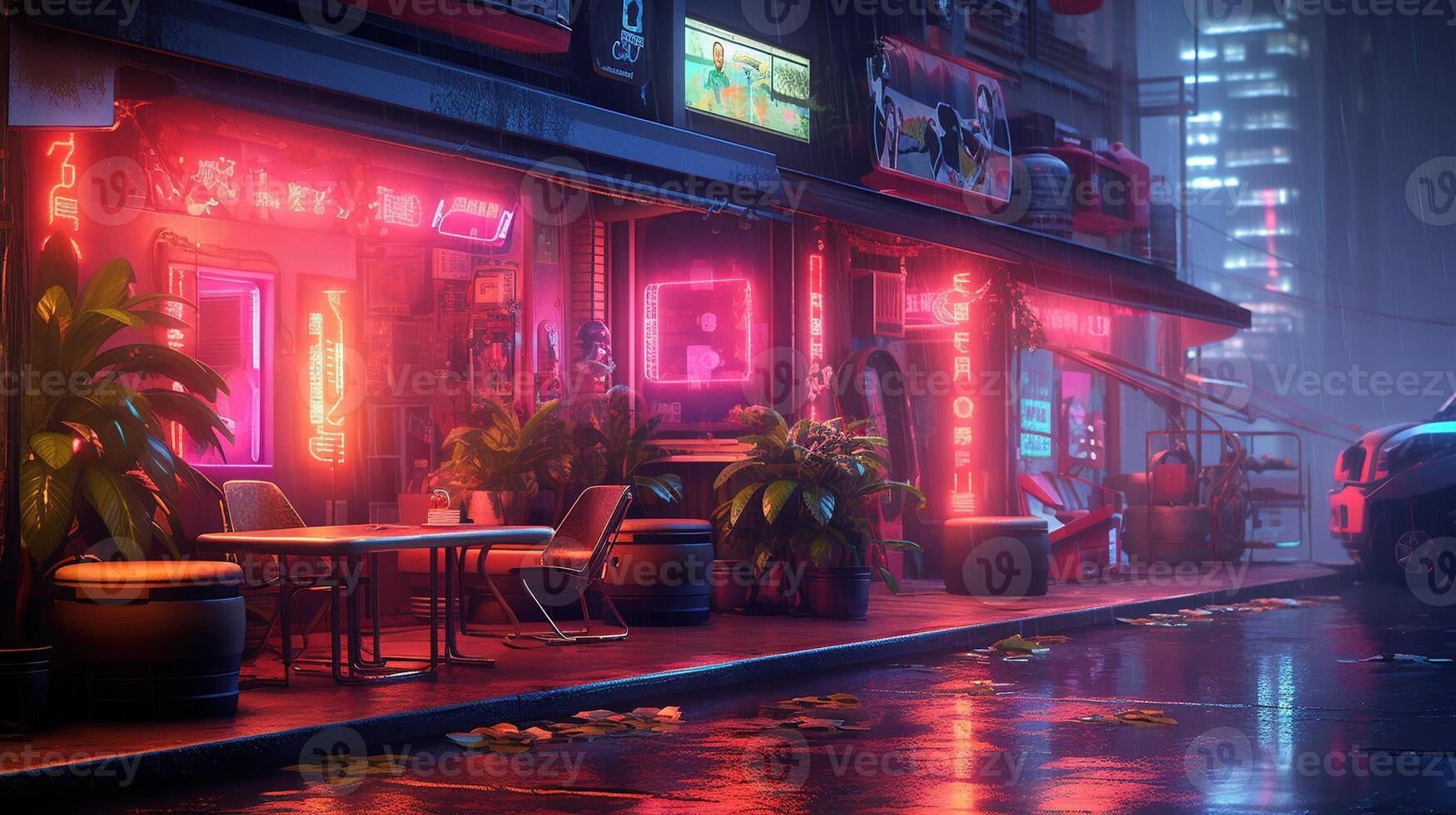 generativo ai, cyberpunk stile bar o bar. notte scena di grande città, futuristico nostalgico anni 80, anni 90. neon luci vivace colori, fotorealistico orizzontale illustrazione. foto