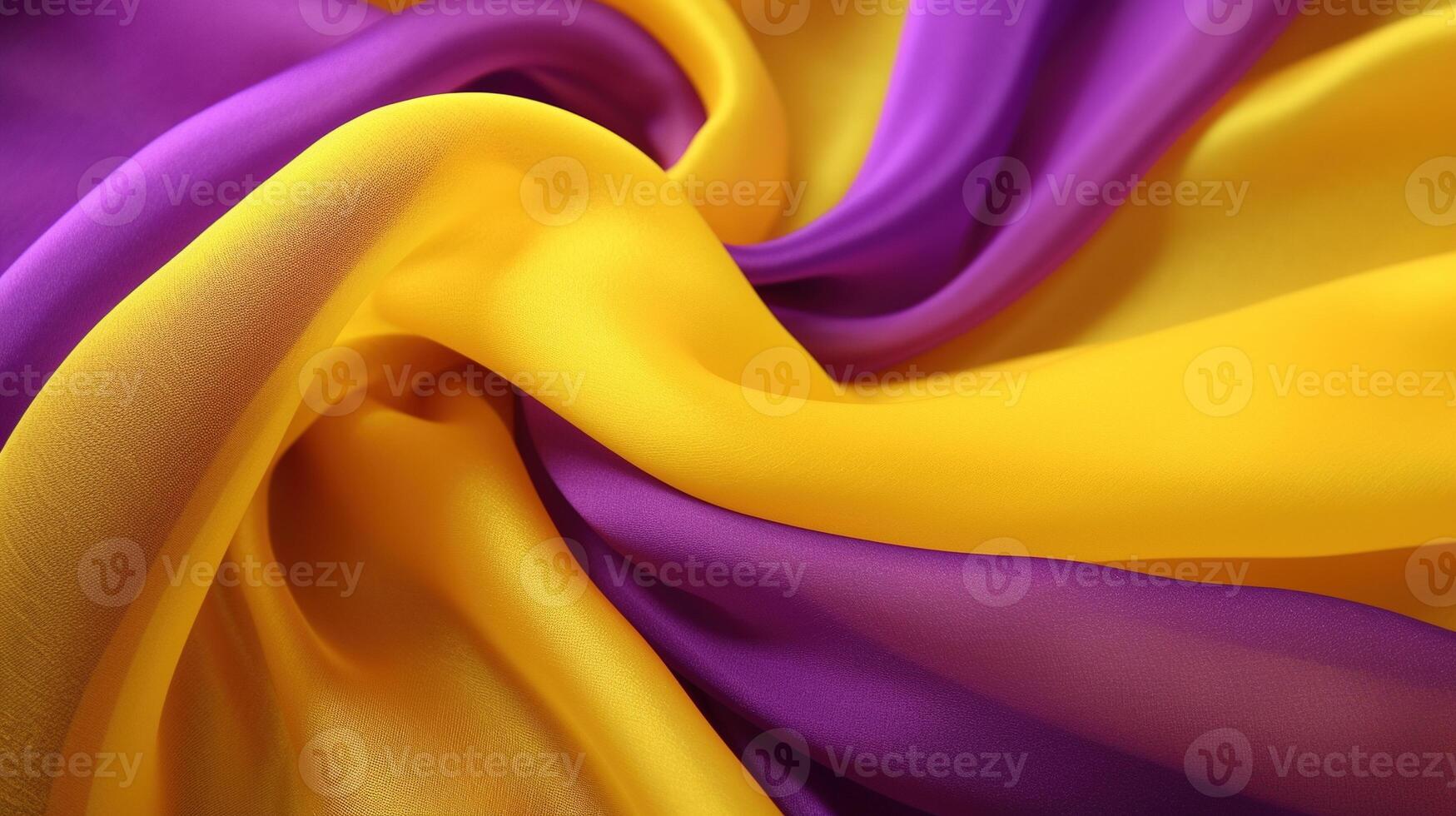 generativo ai, fluente chiffon tessuto struttura nel viola viola e giallo colore. lucido primavera striscione, Materiale 3d effetto, moderno macro fotorealistico astratto sfondo illustrazione. foto