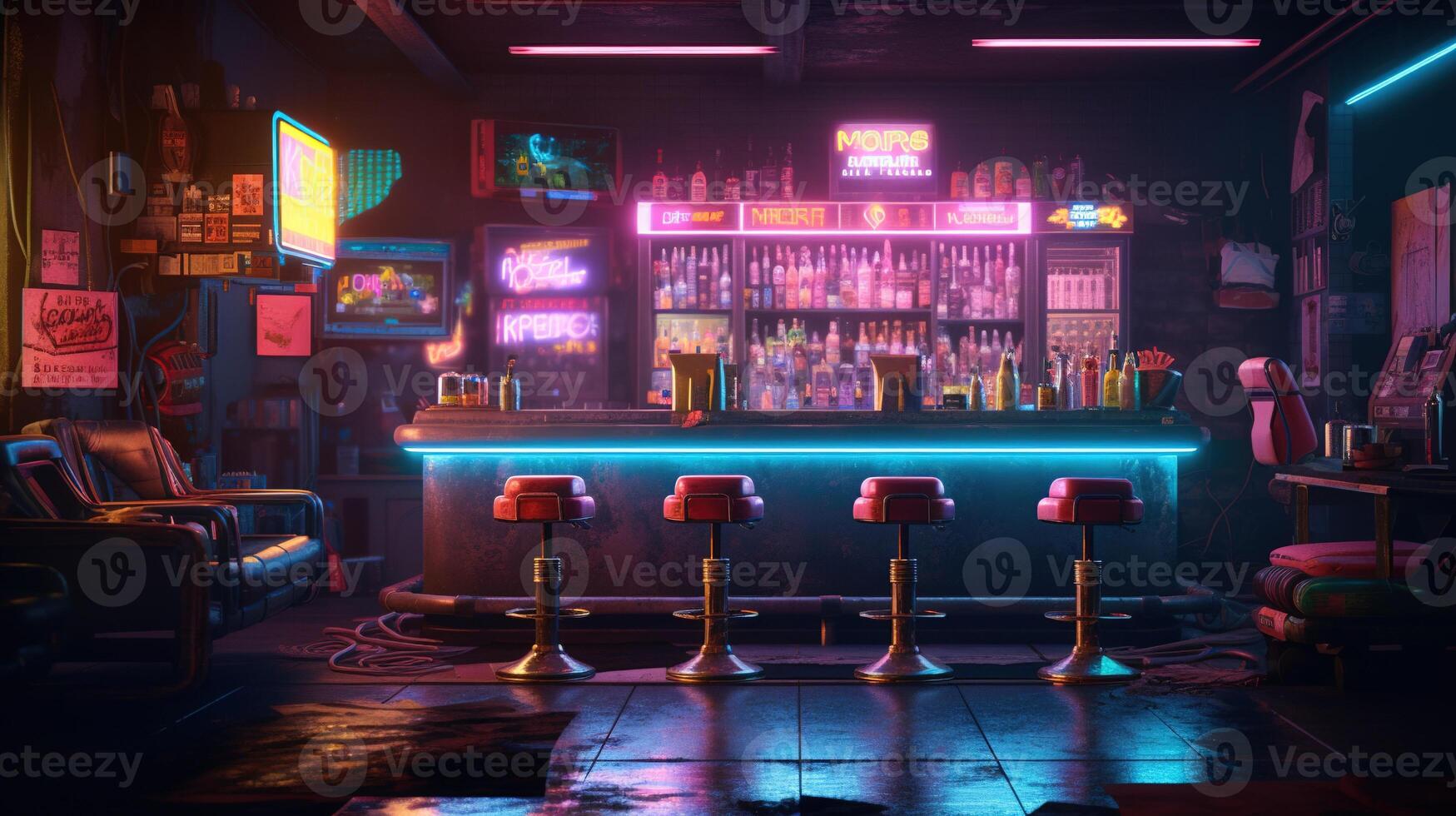 generativo ai, cyberpunk stile bar o bar. notte scena di grande città, futuristico nostalgico anni 80, anni 90. neon luci vivace colori, fotorealistico orizzontale illustrazione. foto