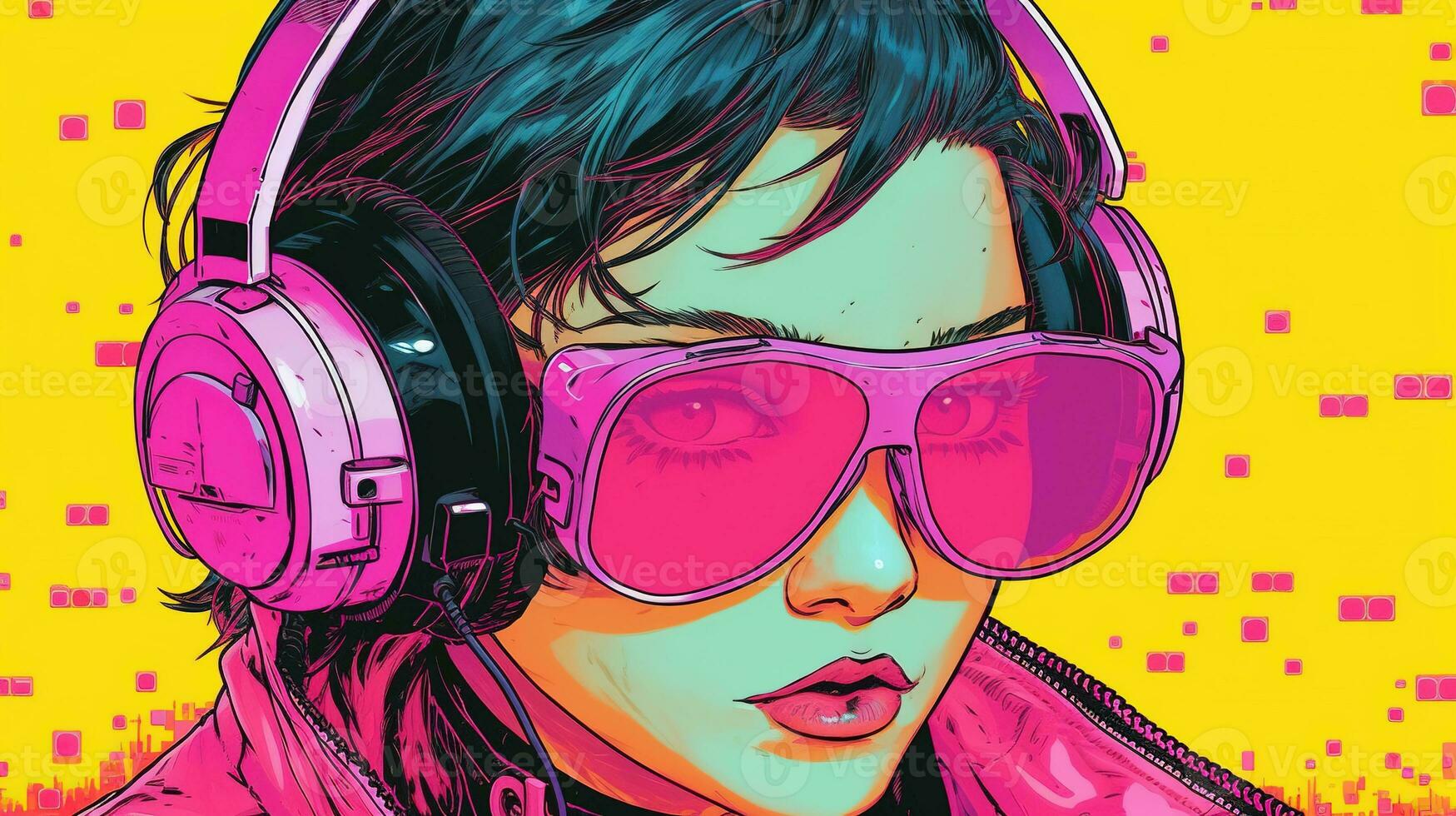generativo ai, persona nel occhiali, cyberpunk anime stile ispirato di josan gonzález. leggero giallo e rosa colori, virtuale la realtà concetto foto