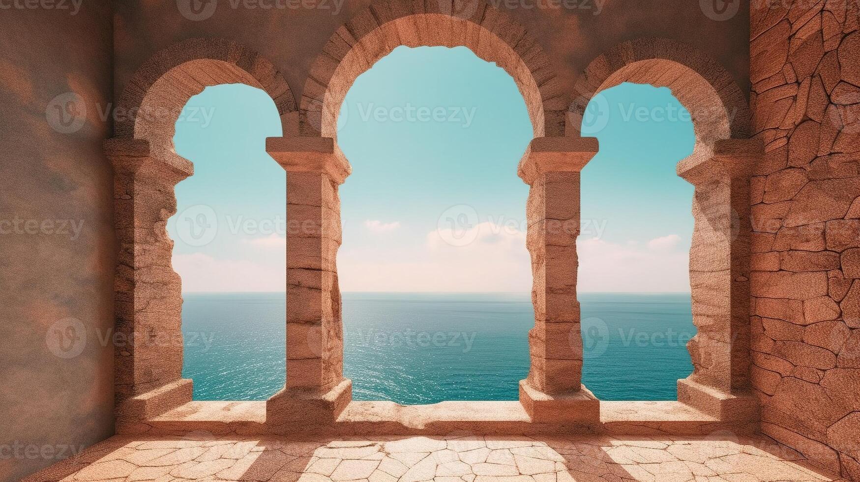 generativo ai, storico medievale pietra arco finestre con romantico Visualizza di mare o oceano, estate paesaggio sfondo. foto