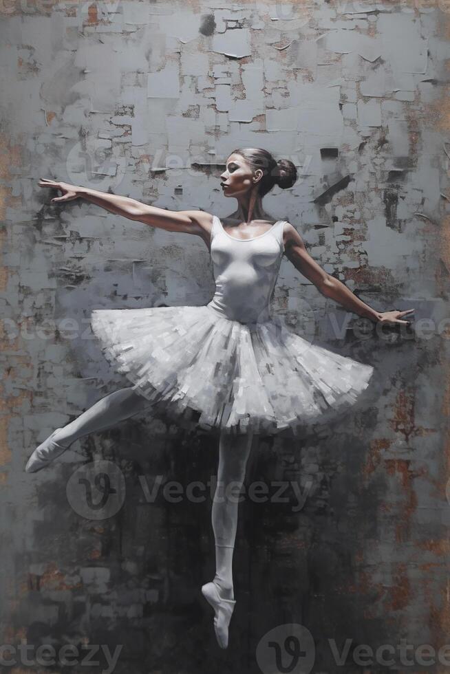 generativo ai, danza ballerina donna o ragazza, dinamico movimento. inchiostro dipingere colorato spruzzi strada graffiti arte su un' strutturato parete, iper realismo stile, ispirato di Banksy. foto