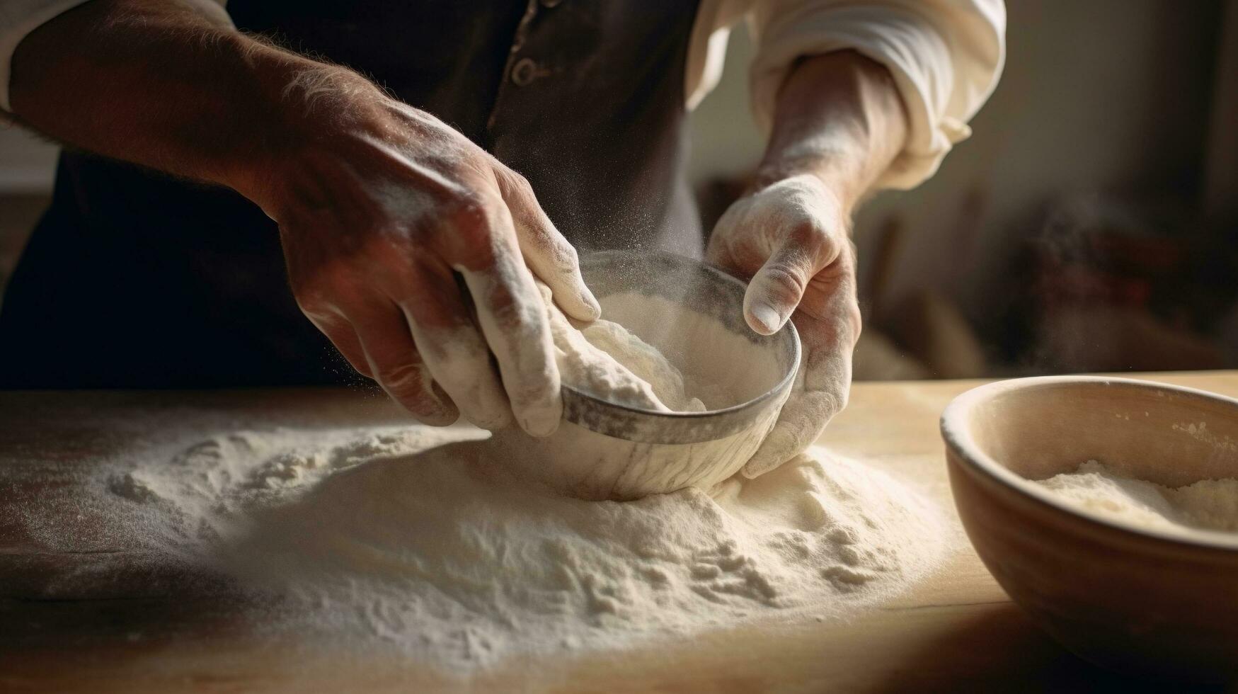 generativo ai, mani di panettiere nel ristorante o casa cucina, prepara ecologicamente naturale pasticcini foto