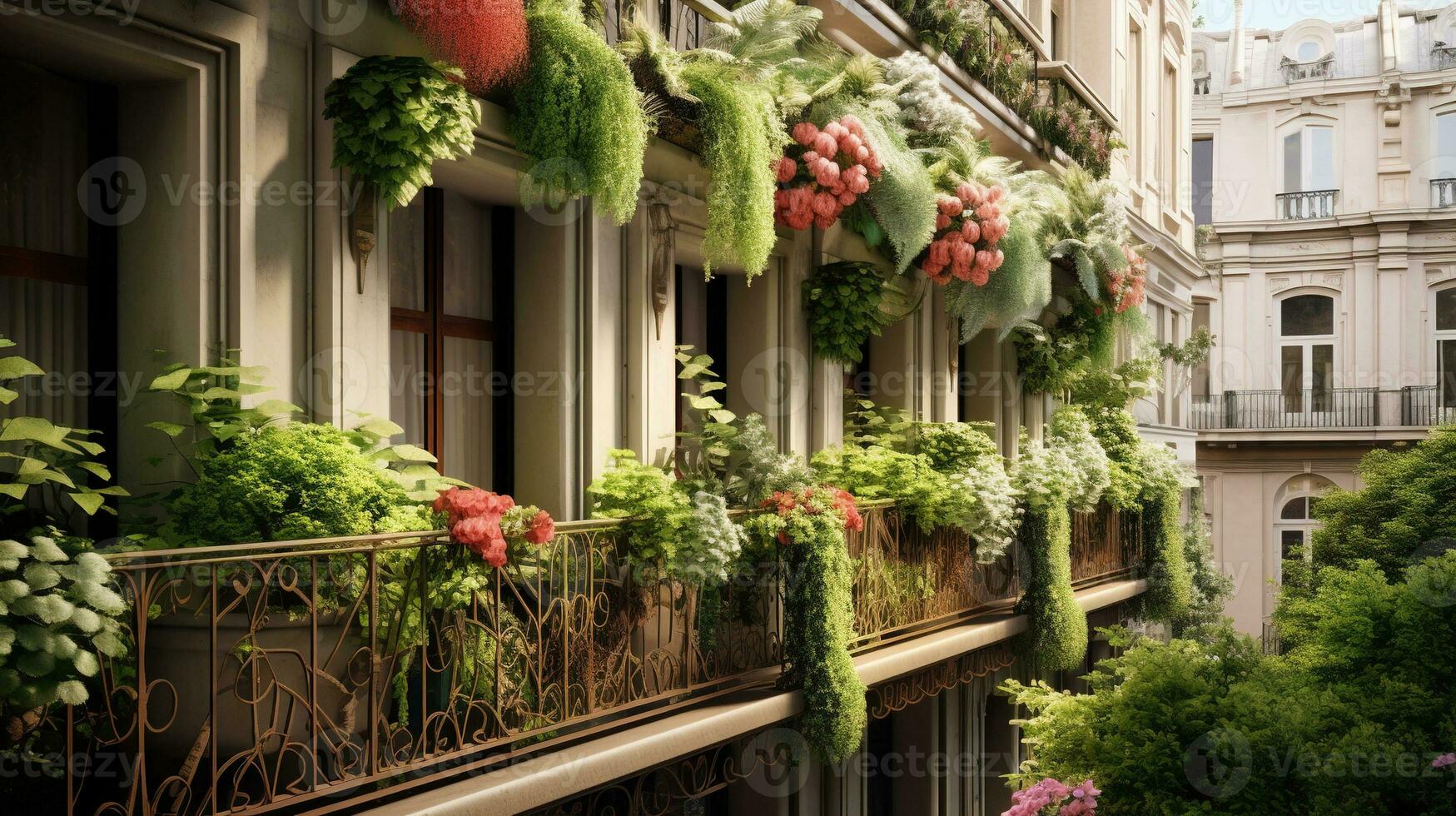 generativo ai, bellissimo balcone circondato di un' tropicale stile giardino, fioritura fiori e verde impianti foto