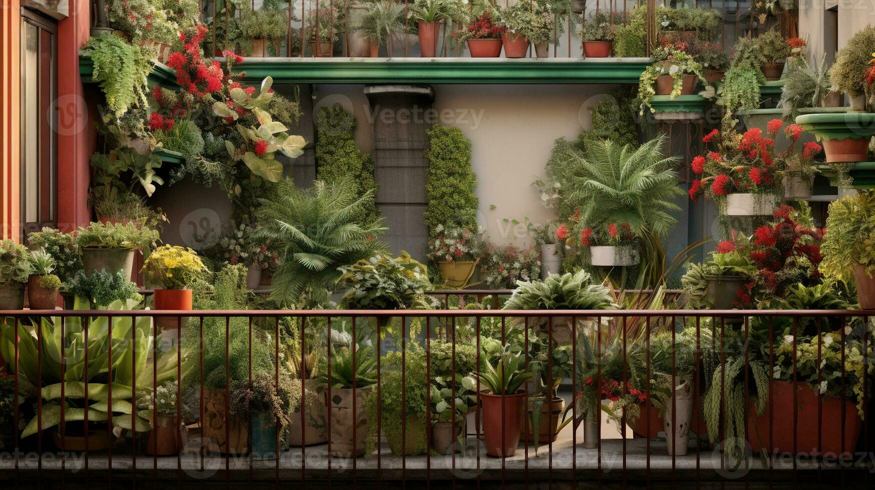 generativo ai, bellissimo balcone circondato di un' tropicale stile giardino, fioritura fiori e verde impianti foto