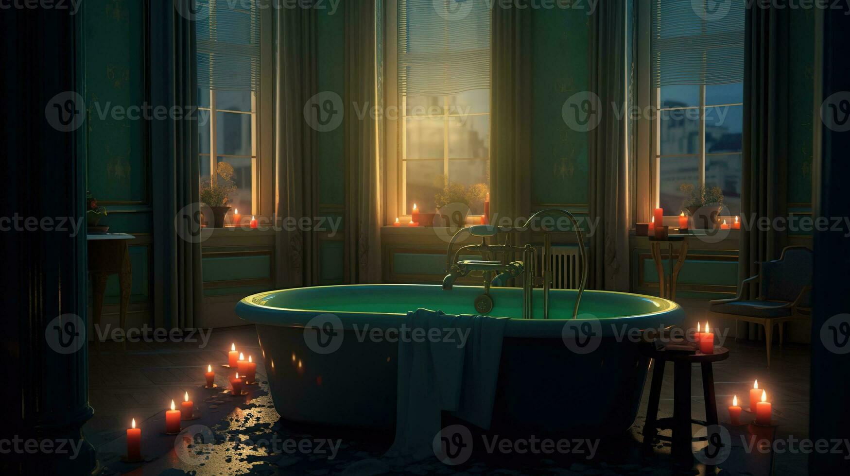 generativo ai, interno di moderno bagno con ardente candele nel sera. romantico atmosfera, terme e rilassare concetto foto