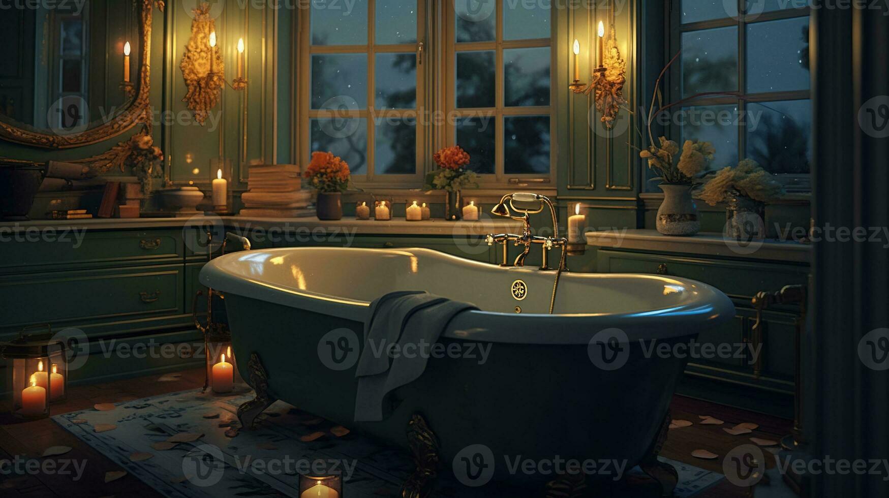 generativo ai, interno di moderno bagno con ardente candele nel sera. romantico atmosfera, terme e rilassare concetto foto