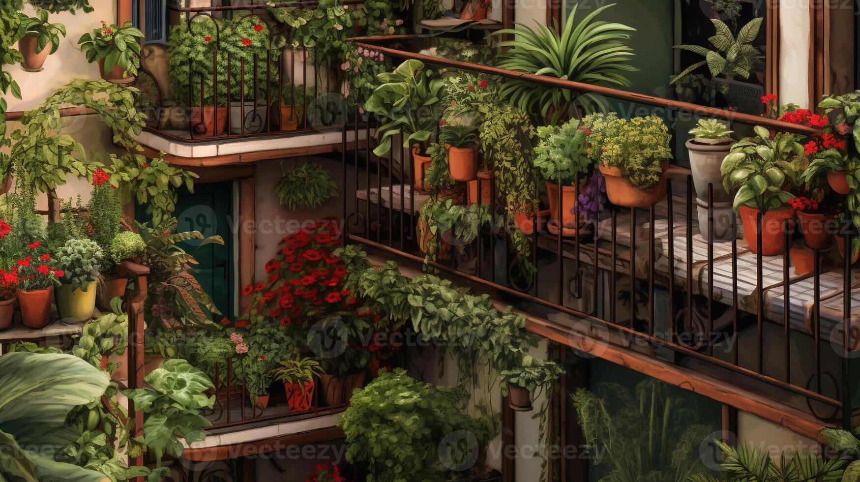 generativo ai, bellissimo balcone circondato di un' tropicale stile giardino, fioritura fiori e verde impianti foto