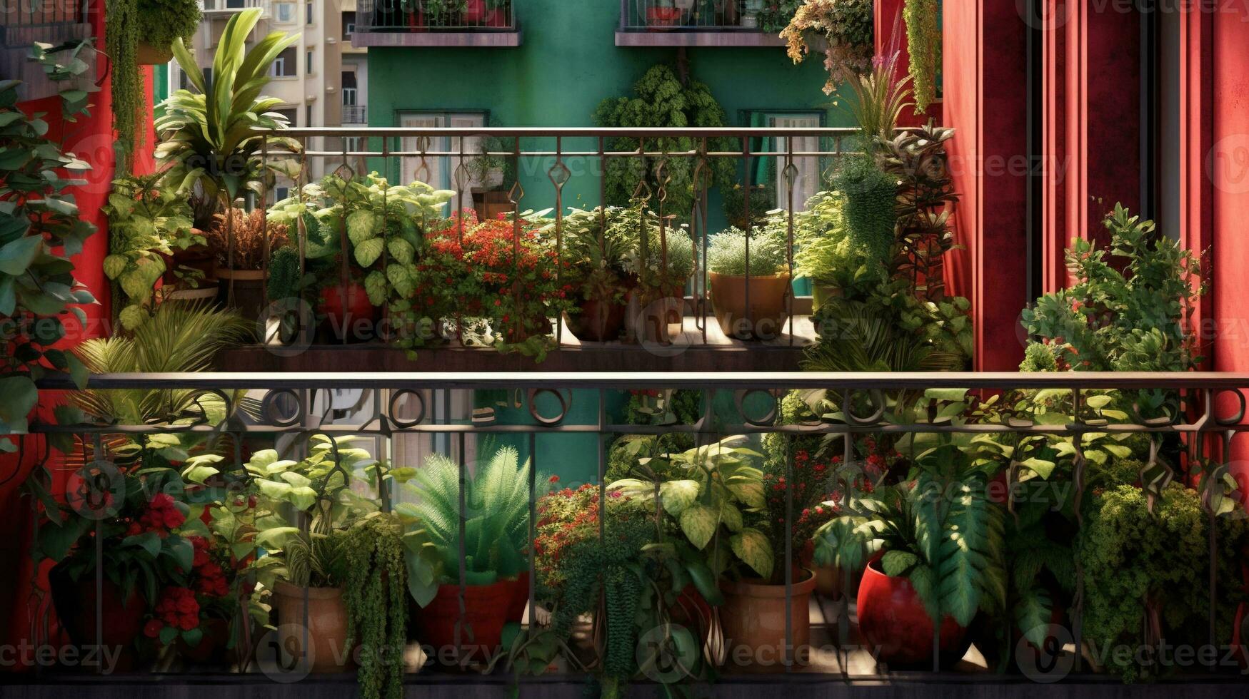 generativo ai, bellissimo balcone circondato di un' tropicale stile giardino, fioritura fiori e verde impianti foto