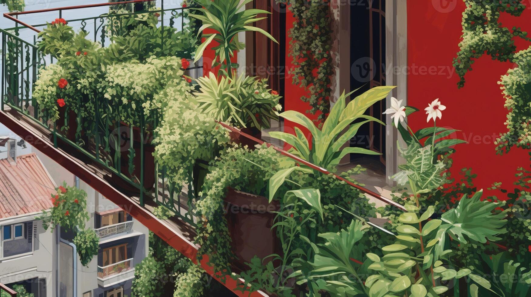 generativo ai, bellissimo balcone circondato di un' tropicale stile giardino, fioritura fiori e verde impianti foto