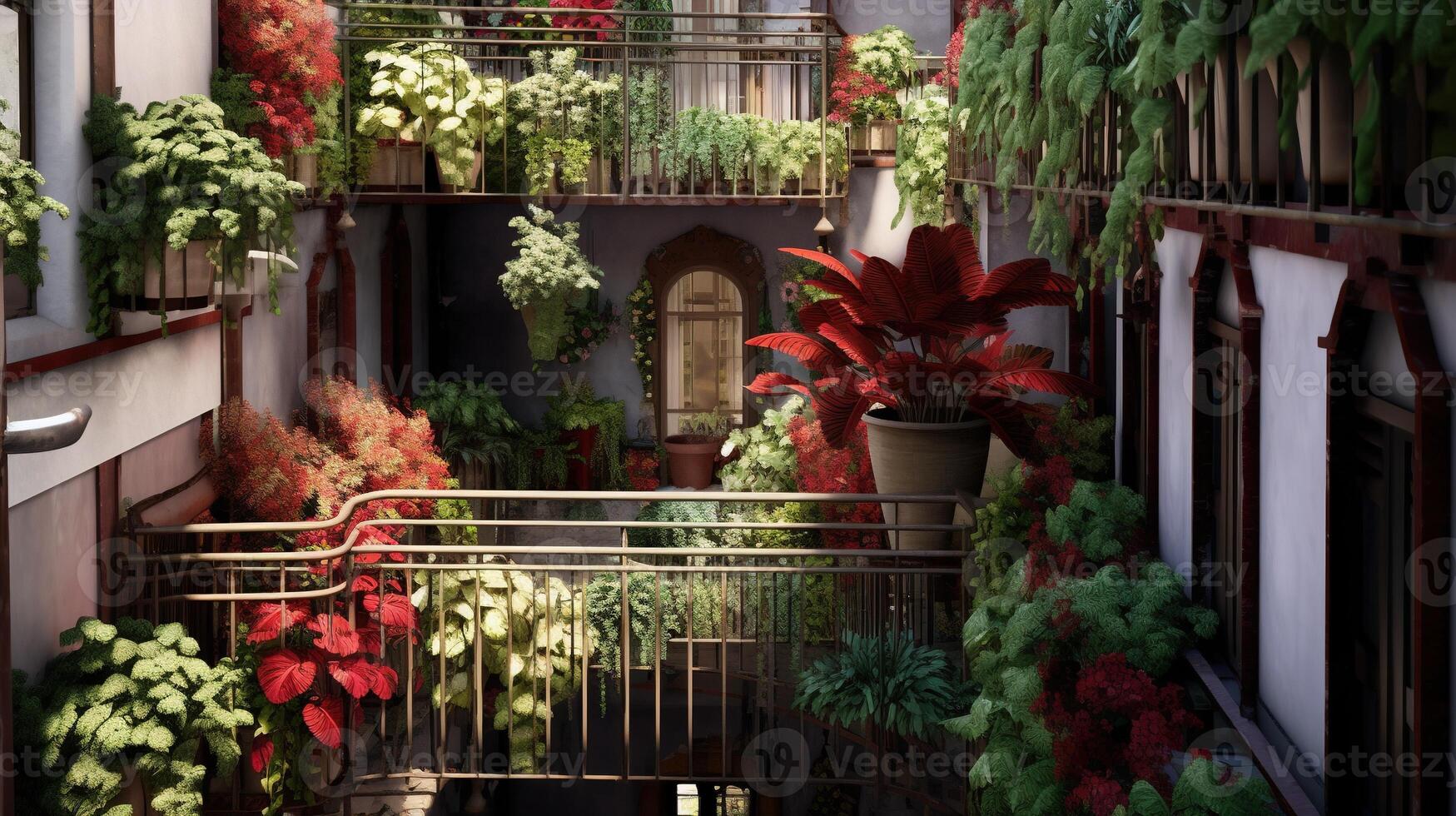 generativo ai, bellissimo balcone circondato di un' tropicale stile giardino, fioritura fiori e verde impianti foto