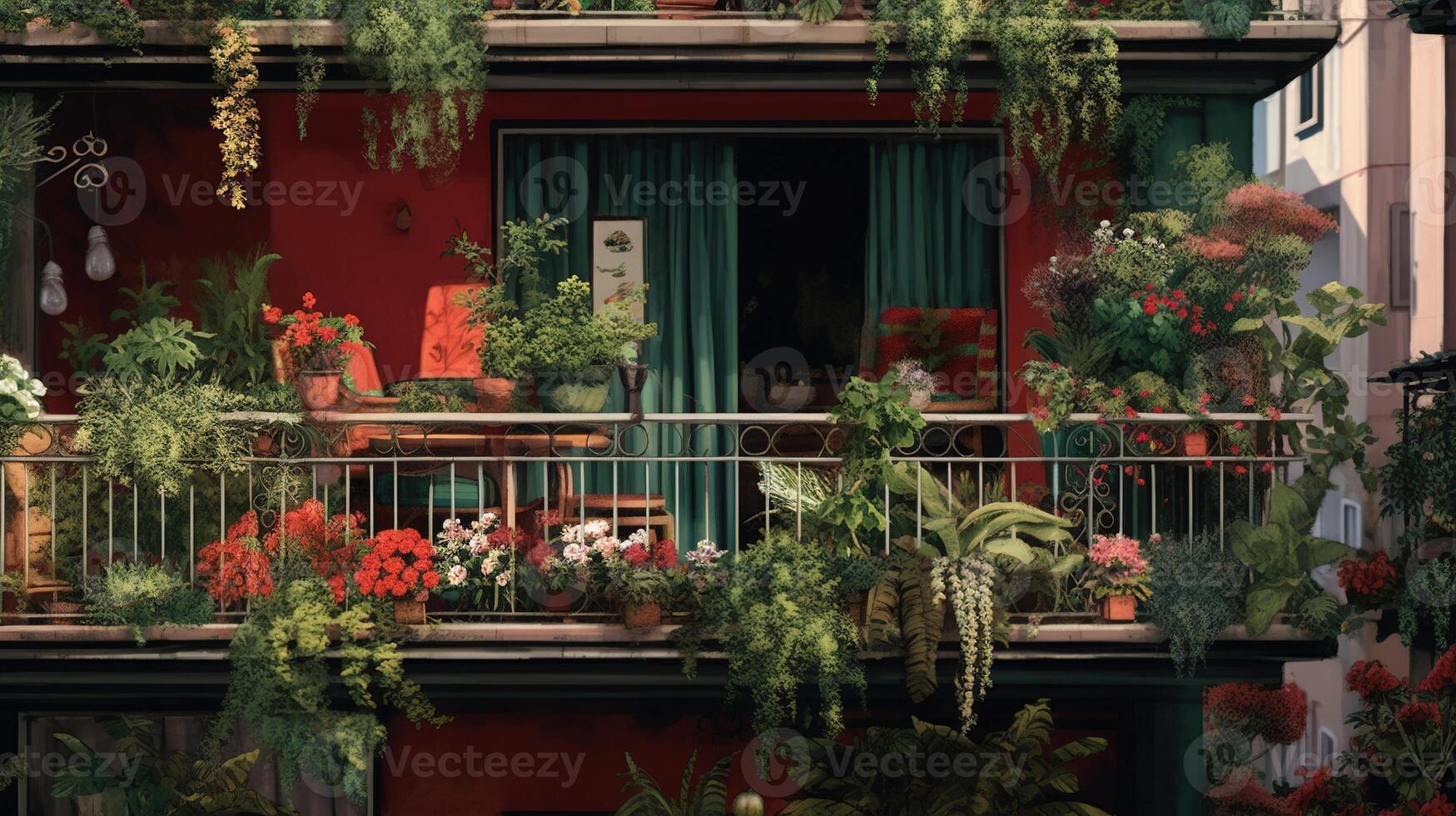 generativo ai, bellissimo balcone circondato di un' tropicale stile giardino, fioritura fiori e verde impianti foto