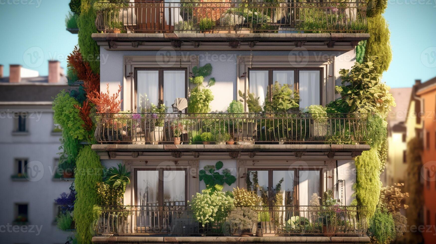 generativo ai, bellissimo balcone circondato di un' tropicale stile giardino, fioritura fiori e verde impianti foto