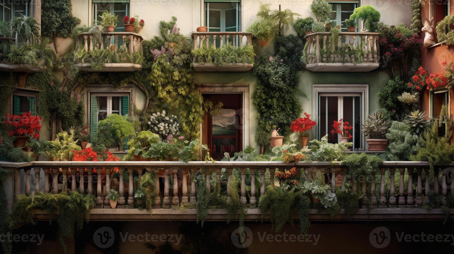 generativo ai, bellissimo balcone circondato di un' tropicale stile giardino, fioritura fiori e verde impianti foto