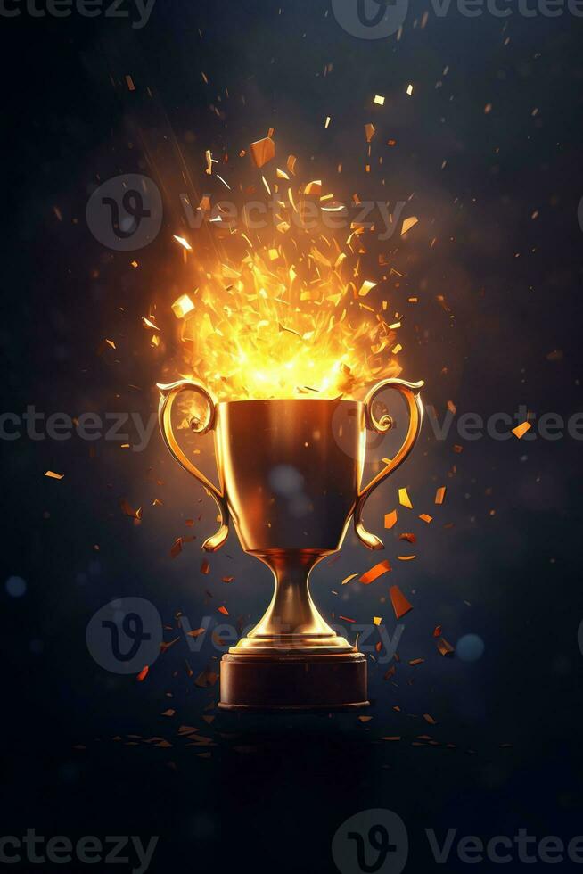 generativo ai, vincitore trofeo con fiamme, d'oro campione tazza con caduta coriandoli su buio verticale sfondo foto