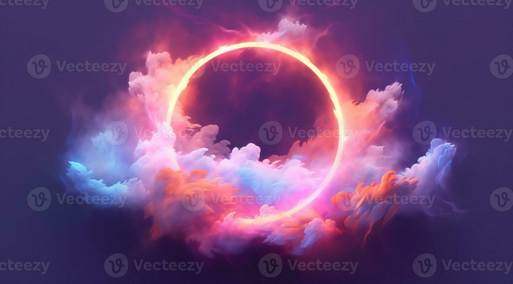 generativo ai, cerchio forma raggiante con neon leggero dentro il morbido colorato nube, fantasia rosa e viola cielo foto