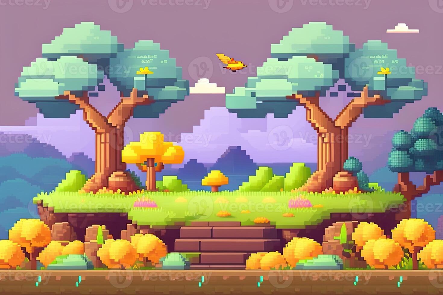 pixel arte stile paesaggio con un' albero e montagne nel il sfondo. generativo ai foto