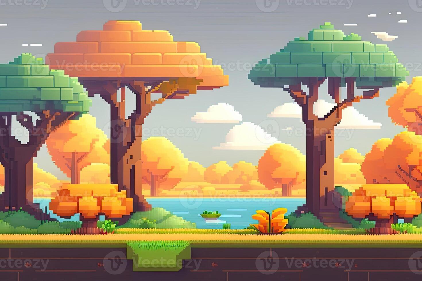 pixel arte stile paesaggio con un' albero e montagne nel il sfondo. generativo ai foto