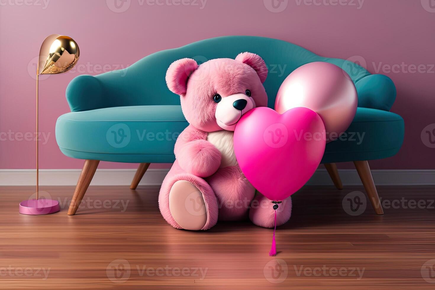 rosa orsacchiotto orso con cuore e Palloncino generativo ai foto