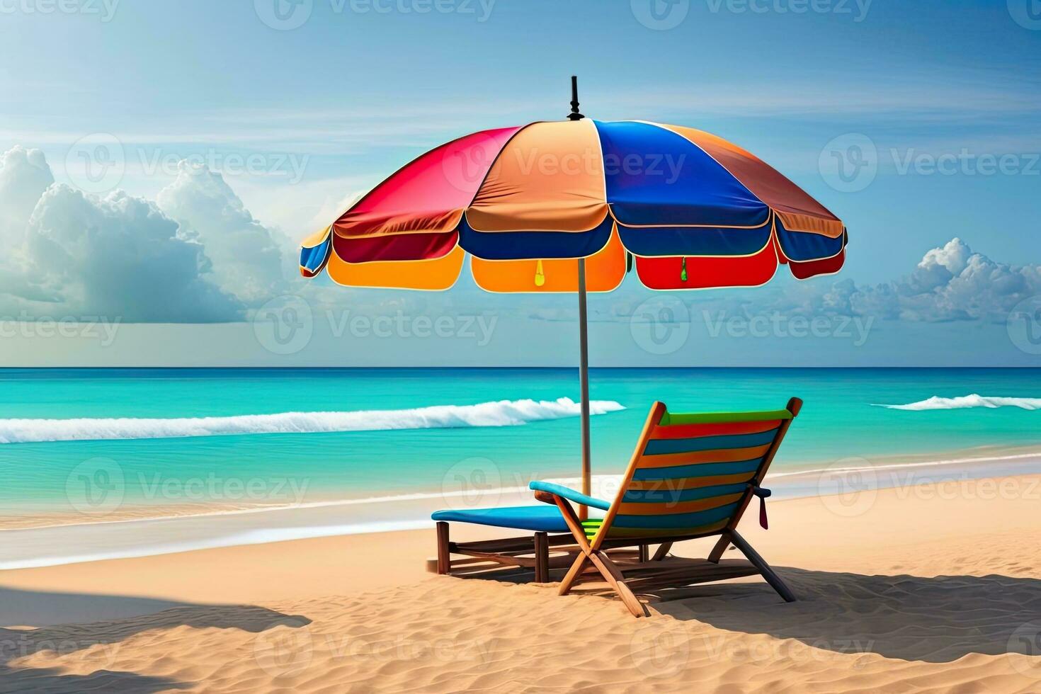 sedie con ombrello su spiaggia generativo ai foto
