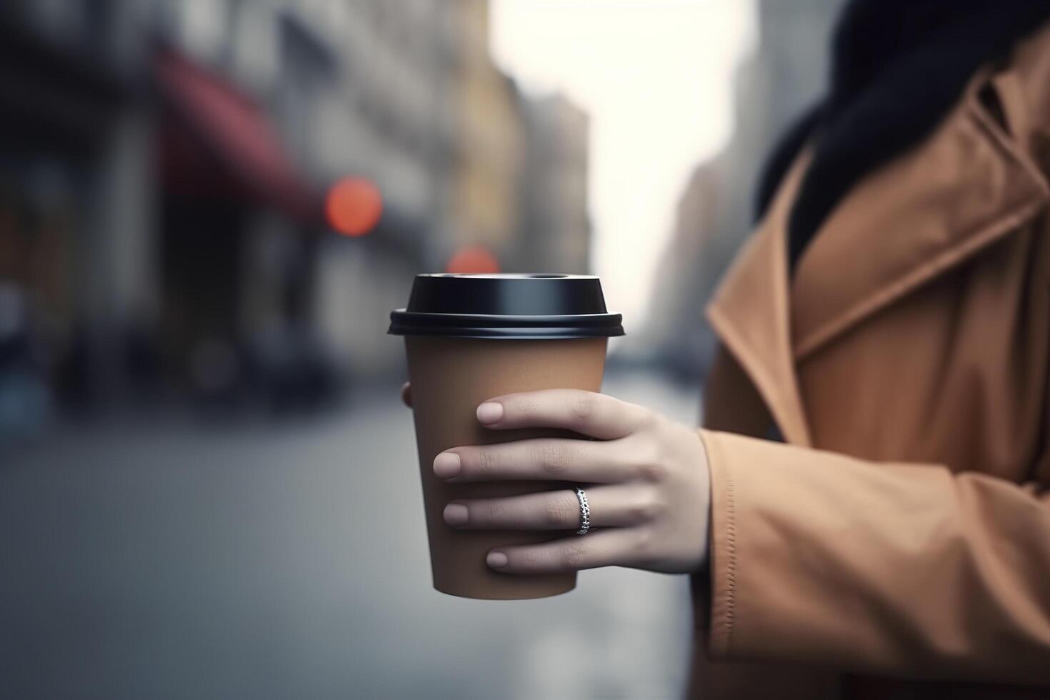 femmina mano con carta tazza di caffè prendere lontano. donna Tenere per partire prendere su caffè tazza, sfocato città strada su sfondo. ai generato Immagine. foto