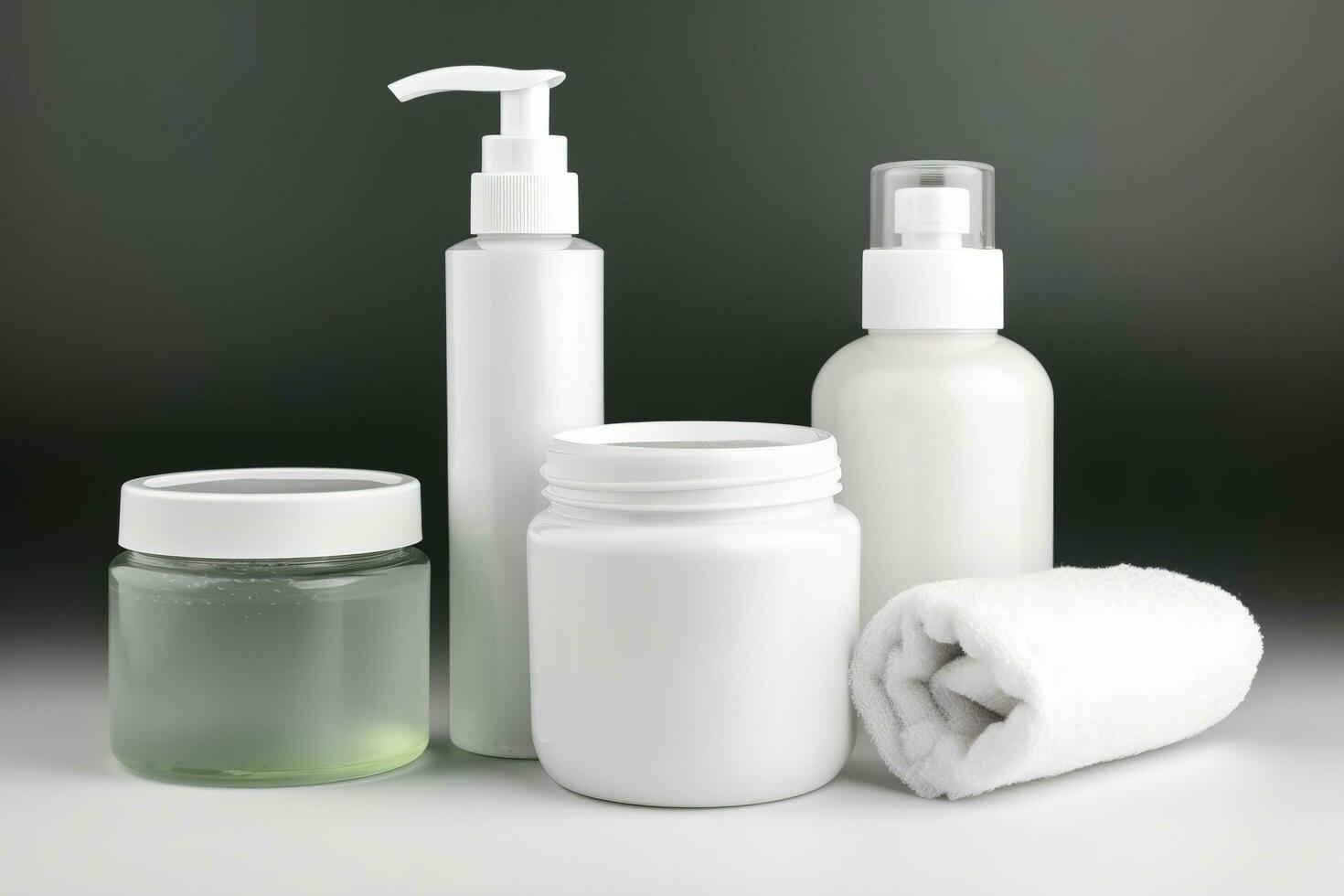 cosmetico contenitori, vuoto etichetta pacchetto per il branding modello. idratante crema, liquido sapone o shampoo, Tonico, viso e corpo pelle cura. naturale verde biologico bellezza Prodotto, creare ai foto