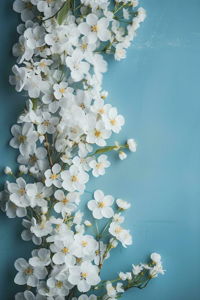 bellissimo primavera confine, fioritura rosa cespuglio su un' blu sfondo. fioritura rosa fianchi contro il blu cielo. morbido selettivo messa a fuoco , creare ai foto