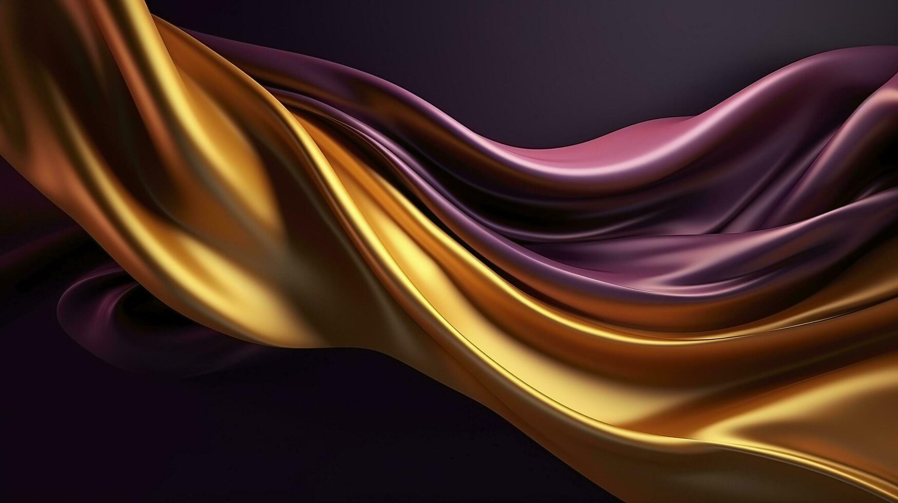 astratto sfondo con 3d onda luminosa oro e viola pendenza seta tessuto, un astratto Immagine di un' brillantemente colorato tessuto, nel il stile di buio arancia e leggero oro, creare ai foto