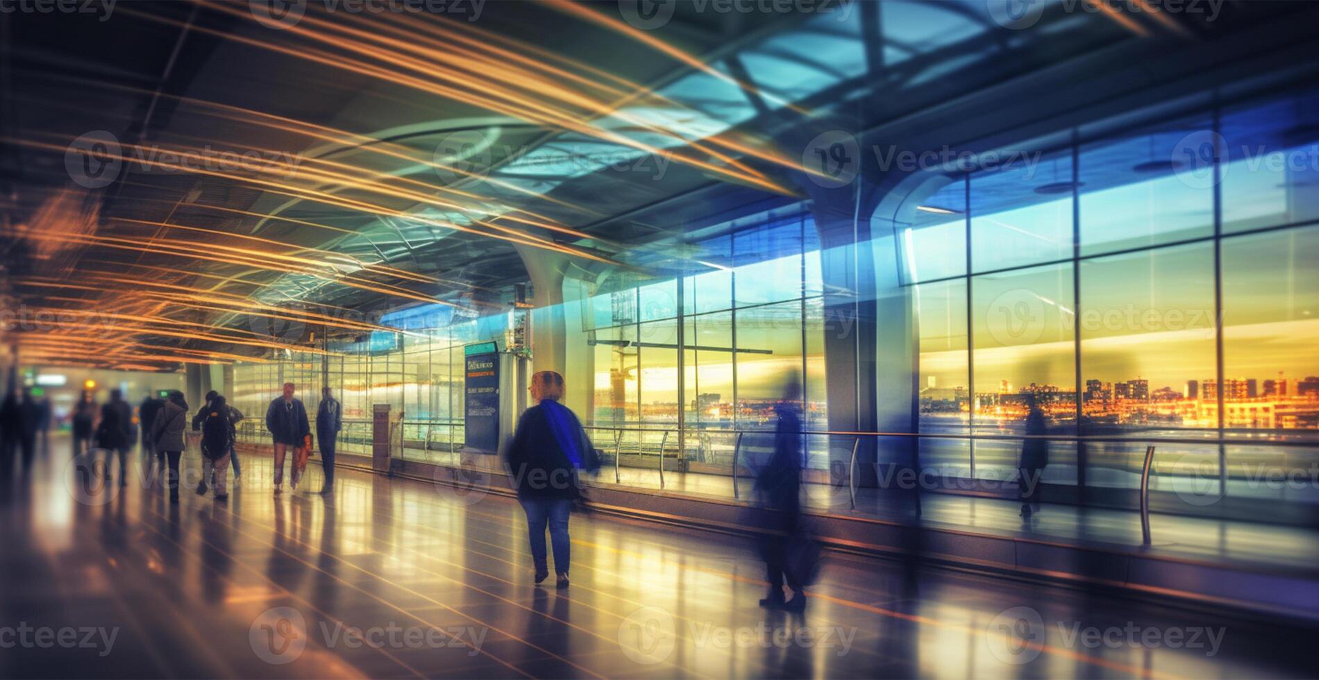 aeroporto costruzione, internazionale terminale, affrettandosi persone per terra, sfocato sfondo - ai generato Immagine foto